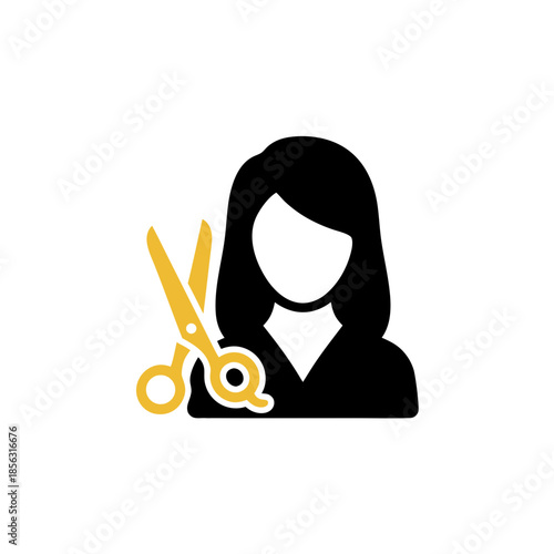 Modern vector icon of a female hairdresser or stylist, showcasing a woman's silhouette with golden scissors, symbolizing professional hair care and beauty services for salons