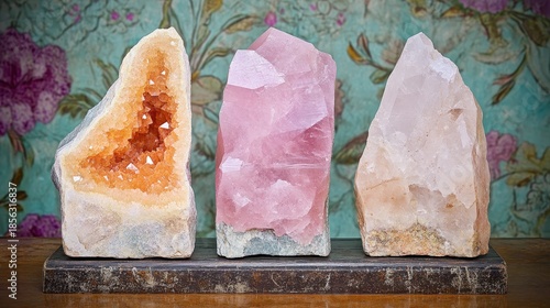 Wallpaper Mural A collection of natural uncut quartz crystal specimens including a pink rose quartz and an orange citrine geode displayed on a decorative shelf Torontodigital.ca