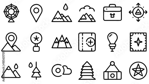 Collection of black outline icons representing travel, nature, and adventure elements in a grid