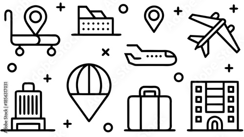Outline icons depicting travel related items like planes buildings and luggage on a white background