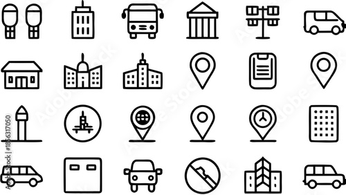 Illustration of various city elements including buildings transportation and location markers in black outline