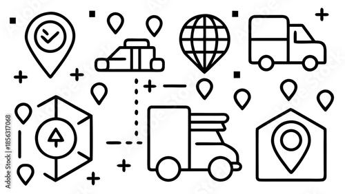 Illustration showcasing a delivery network with trucks, packages, and location markers design