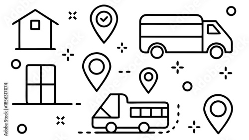 Outline illustration showing home delivery trucks and location pins on a white background design