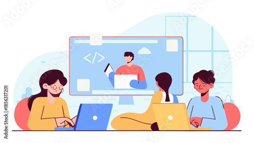 Three individuals attending a coding webinar with a presenter on a large computer screen setup in a room