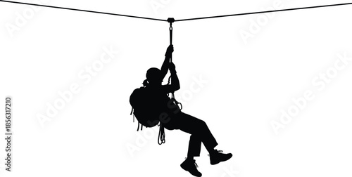 Zipline silhouette vector illustration featuring a person with backpack sliding on a cable, extreme outdoor adventure sport for tourism and recreation design,