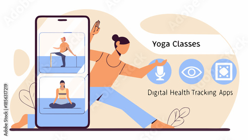 Illustration of yoga classes and digital health tracking apps on a smartphone display screen