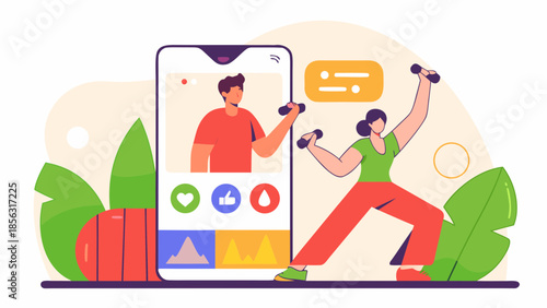 Woman doing workout with dumbbells following online fitness class on phone screen at home studio