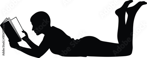 Young woman reading book silhouette vector illustration, person lying down on stomach with legs raised isolated on white background for library educational design,