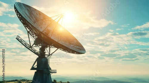 A large satellite dish antenna points towards the bright sun in the sky with clouds and a mountainous landscape below