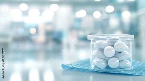 A transparent container filled with white medical pills sits on a blue textured surface with a blurred hospital or laboratory background suggesting healthcare supplies