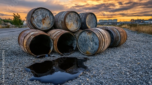A pile of old dented metal barrels leaking viscous dark fluid onto gravel with industrial structures in the background under a cloudy sunset sky