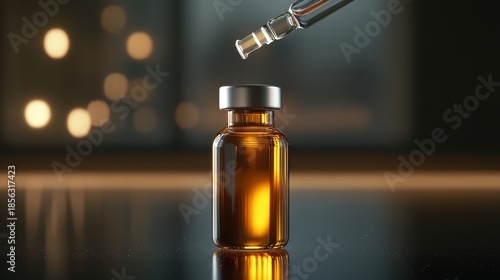 A single amber glass vial containing liquid with a dropper poised above it in a laboratory setting