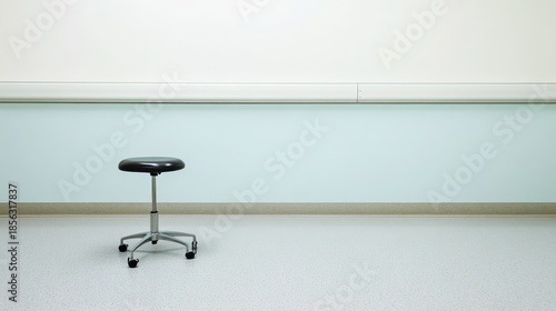 An empty examination room in a clinic with a single rolling stool against a pale blue wall and white trim