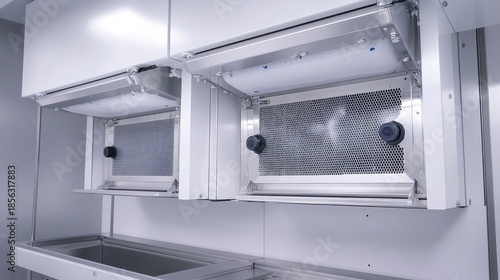 Close up of a modern laboratory biosafety cabinet with HEPA filtration system for sterile enclosed workspace and advanced air purification