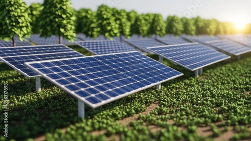 An expansive array of miniature photovoltaic solar panels situated in a lush green field under bright sunlight