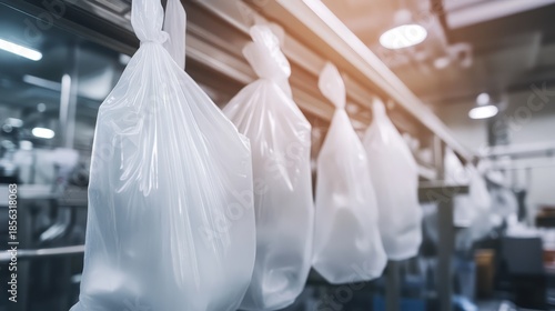 Clear plastic bags used for sample collection hanging in a row