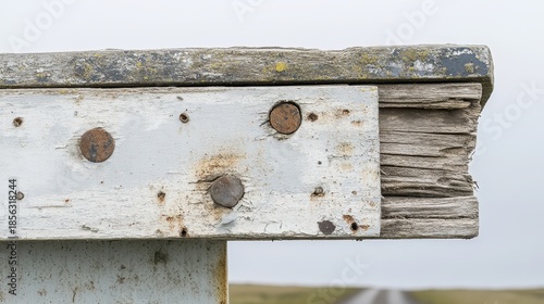 Close up of weathered and splintered wooden planks joined with rusted nails and a metal plate