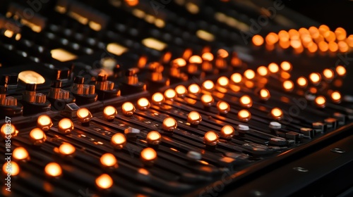Close up of amber warning lights glowing on a professional audio mixing console with faders and controls
