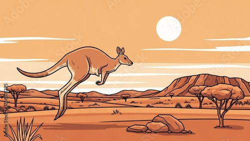 Kangaroo jumping across australian outback landscape with trees and mountains during sunset