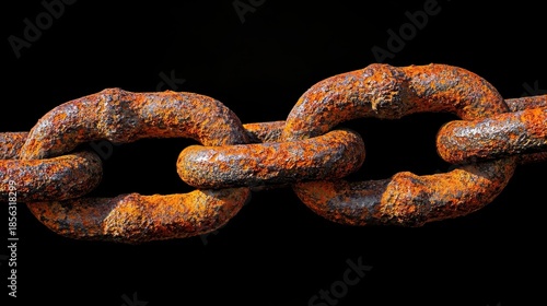 Closeup of a heavy iron chain link with a rusted pitted surface against a dark background