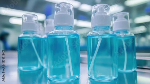 Close up of multiple clear plastic bottles filled with blue liquid hand sanitizer and white pump dispensers on a shelf