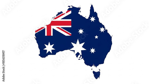Australian flag design on a map of australia, patriotism and national identity concept, blue background with white stars and red, white, and blue union jack in the upper