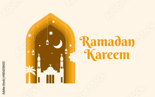 Ramadan kareem design in papercut style with no shadow. Modern and minimalist ramdan greeting for over, wallpaper, poster, social media, etc
