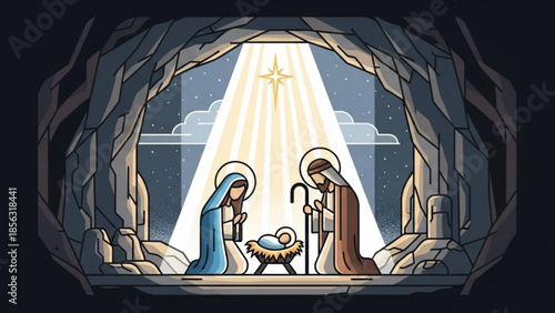 Nativity scene with mary, joseph, and baby jesus in a manger under a starry night sky with a bright shining star, cave background