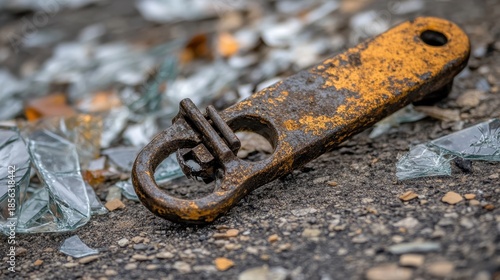 Close up view of a heavily tarnished rusty metal security clasp mechanism lying on the ground with debris in the background