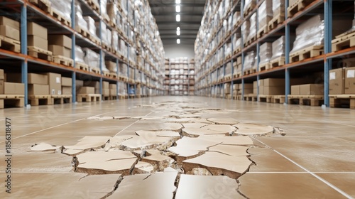Cracked and damaged floor tiles create a hazardous pathway through a large industrial warehouse filled with stacked storage shelves and boxes