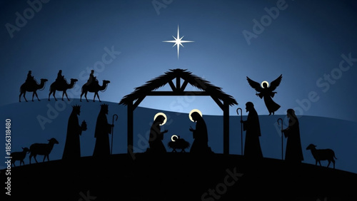 Nativity scene with silhouetted figures of mary, joseph, jesus, angels, shepherds, and the magi against a dark blue night sky with a bright star, manger, camels, sheep