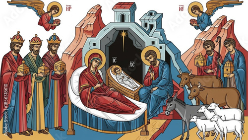 Nativity scene with holy family, angels, wise men, shepherds, animals, and manger in a colorful illustration
