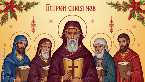 Five men in robes with halos holding books and a cross on a gold background with christmas decorations