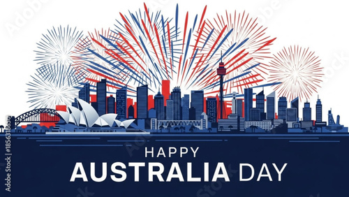 Sydney cityscape with fireworks on australia day celebration background, urban landscape with iconic buildings and red, white, and blue burst of lights