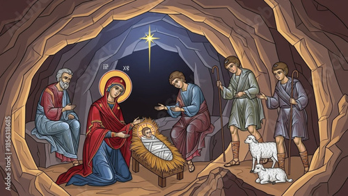 Nativity scene with mary, joseph, jesus, and shepherds in a cave with star shining brightly above, symbolizing hope and faith