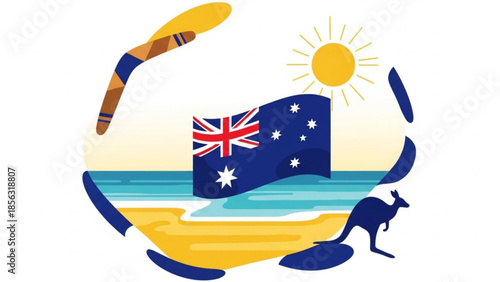 Australian flag waving on beach with kangaroo and boomerang, sunny day, blue ocean, yellow sand, iconic symbols of australia, national pride, travel, tourism, summer