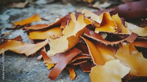 Decomposed leather scraps with peeling and cracking texture lying on a rough stone surface