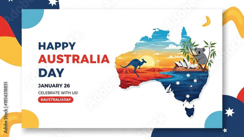 Happy australia day january 26 celebration background with kangaroo koala and australian map elements
