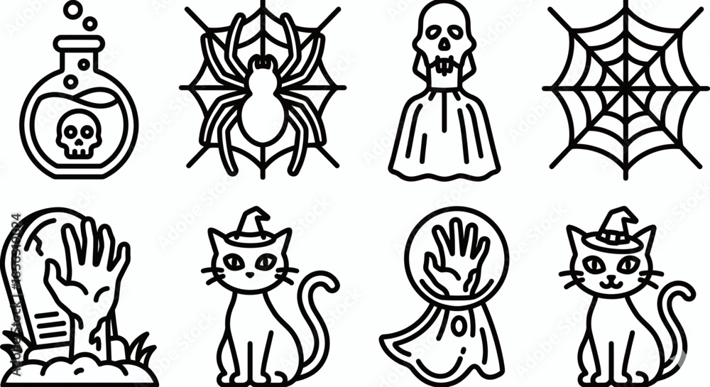 Fototapeta premium Halloween Icon Set Cute Spooky Cartoon Ghost Pumpkin Witch Illustration