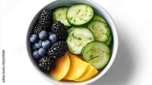 Wallpaper Mural A vibrant bowl holds slices of fresh cucumber, orange, and mixed berries Torontodigital.ca