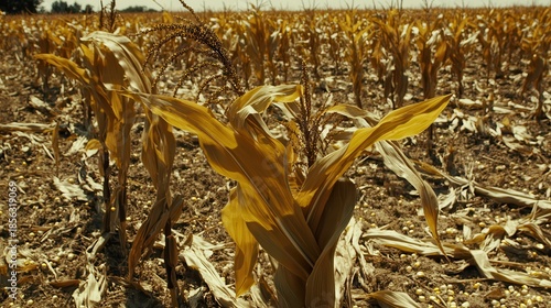 Dry brittle stalks of corn their kernels long gone in a sunlit agricultural field during harvest season