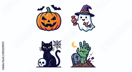Halloween Icon Set Cute Spooky Cartoon Ghost Pumpkin Witch Illustration