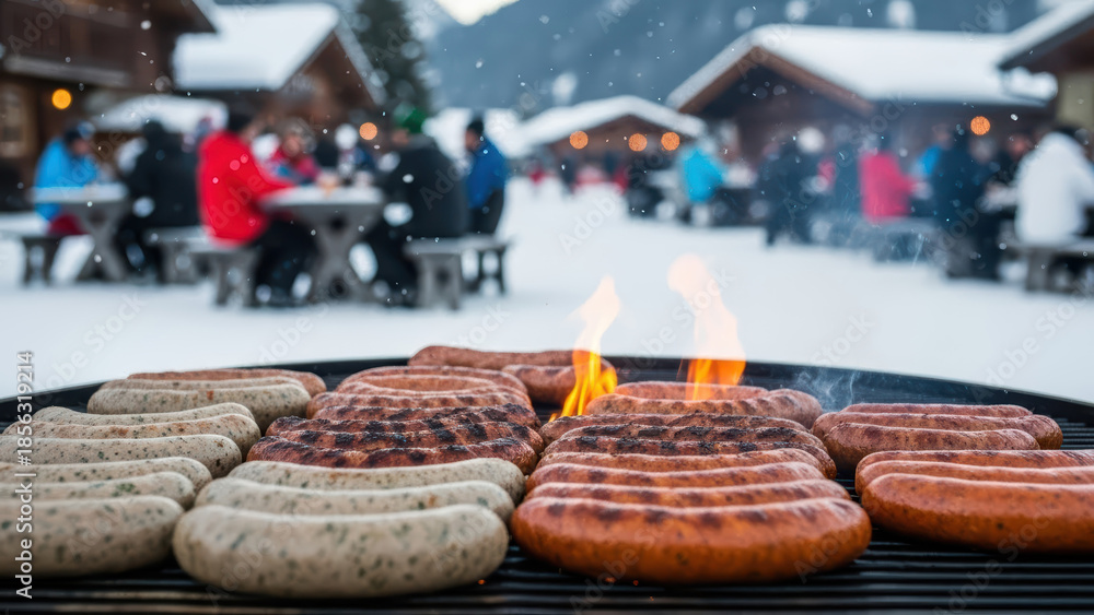 Fototapeta premium Sausages grilling on barbecue in snowy outdoor winter market setting with people sitting at tables in background