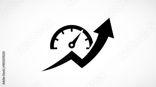 A rising arrow graphic illustration symbolizing growth and progress alongside a simple gauge on a clean white background