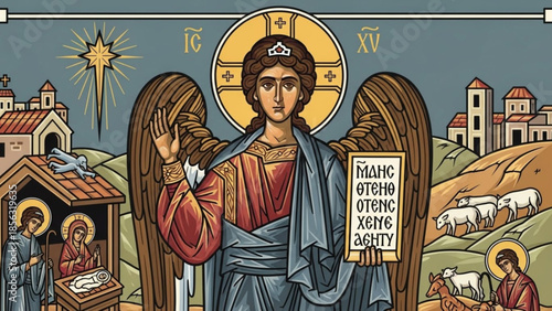 Angel with wings and halo standing in front of nativity scene with buildings and sheep in background, christian iconography, religious art, angel holding scroll with text