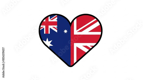 Heart shaped symbol with australian and british flags, representing love and friendship between two nations, national pride and unity