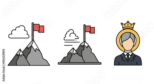Vector icons symbolizing achievement, success, and goal attainment, featuring mountains with flags and a crowned person.