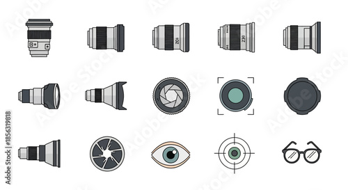 A collection of photography and vision-related icons, including various camera lenses, an aperture, an eye, a target, and eyeglasses on a white background.