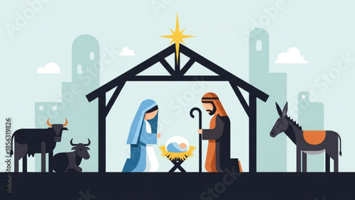 Mary and joseph with baby jesus in manger with star above, surrounded by donkey, cow and ox in a cityscape at christmas