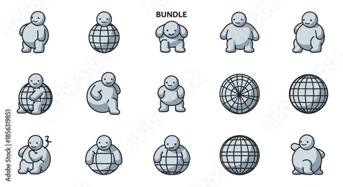 A collection of cartoon-style round grey figures, some resembling people and others spheres, depicting various poses and forms.